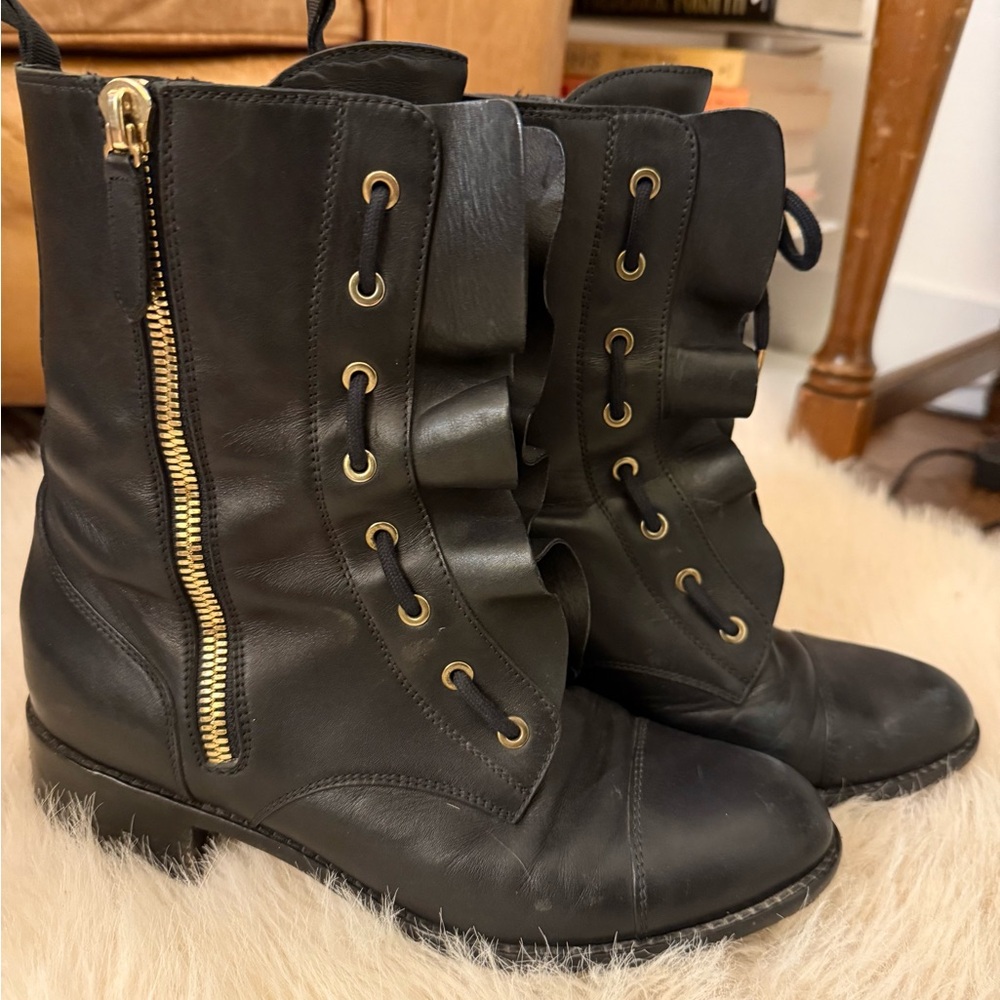 Valentino Black Ruffled Leather LaceUp Biker Combat Boots Gold Hardware US10/I40 - Picture 10 of 16